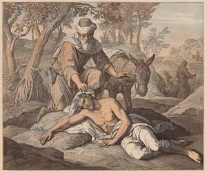 El buen samaritano, San Lucas, X, 33, 34 (grabado coloreado) de Julius (after) Schnorr von Carolsfeld