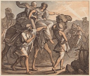 El encuentro de Isaac y Rebeca, Génesis, XXIV, 64 (grabado coloreado) de Julius (after) Schnorr von Carolsfeld
