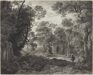 Una capilla en el bosque al atardecer de Julius Albert Elsasser