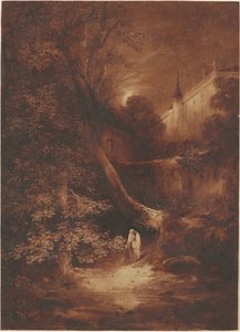 Paisaje a la luz de la luna con un monje caminando cerca de un palacio de Julius Albert Elsasser