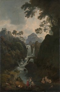 Una cascada con bañistas de Julius Caesar Ibbetson