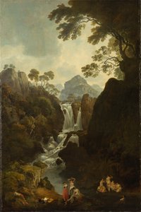 Una cascada con bañistas