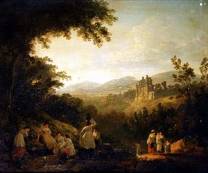 Paisaje boscoso con lavanderas junto a una fuente de Julius Caesar Ibbetson