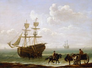 Un ladrillo atrapado en la orilla, descargado en carros. Óleo sobre lienzo, hacia 1790, de Julius Caesar Ibbetson (1759-1817).