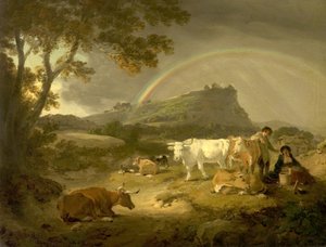 Paisaje, Castillo de Beeston, Cheshire, y arco iris, 1793 de Julius Caesar Ibbetson