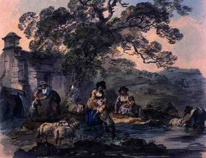Campesinos lavando ovejas en Cwm Rheidol, Cardiganshire de Julius Caesar Ibbetson
