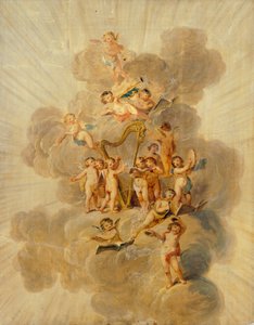 Querubines alados con instrumentos musicales, sección de la cenefa decorativa de la Sala de Música, Kenwood House, Londres (papel pintado) de Julius Caesar Ibbetson
