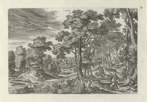Paisaje con robo al viajero Paisajes con escenas de la parábola del buen samaritano (título de serie) de Julius Goltzius
