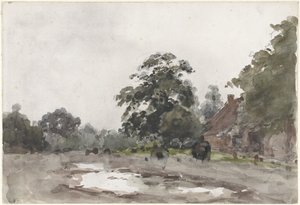 Granja bajo altos árboles con agua en primer plano de Julius Jacobus van de Sande Bakhuyzen