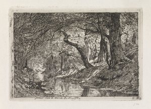 Paisaje forestal con arroyo y árboles en la orilla. de Julius Jacobus van de Sande Bakhuyzen