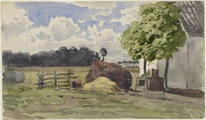 Pila de leña frente a una granja en la pradera de Julius Jacobus van de Sande Bakhuyzen