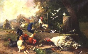 Aves de corral junto a una bomba de Julius Scheuerrer