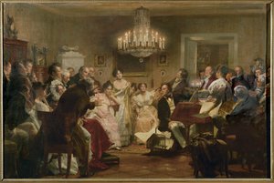 Schubert al piano durante una velada Schubert en un salón vienés ... (pintura al óleo) de Julius Schmid