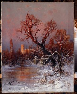 En el Parque del Palacio Gatchina Cerca de San Petersburgo. Descripción de un lago helado con escalones de piedra y árboles desnudos, con el palacio al fondo, iluminado por la cálida luz del de Julius Sergius Klever