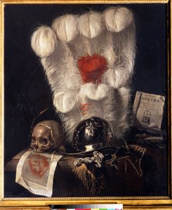 Vanity (Vanidad) con calavera rodeada por una espiga de trigo, yelmo, puñal (o espada), cuerno, plumas y una copia de "Electra" de Sófocles. Pintura de Jurlaen van Streeck (1632-1687). Óleo sobre lienzo, 98 x 84 cm