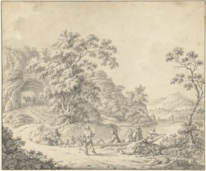 Paisaje con una barca en la que un pastor con su rebaño de Jurriaan Andriessen (attributed to)