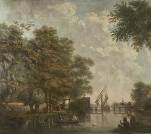 Tres tapices con un paisaje holandés Pintura de papel pintado de un paisaje holandés con un puente abierto Tres pinturas de papel tapiz de un paisaje holandés de Jurriaan Andriessen (attributed to)