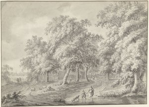 Paisaje con madre e hijo con perro vadeando una piscina de Jurriaan Andriessen (possibly)