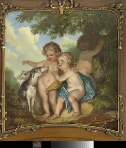 Tres niños con dos perros