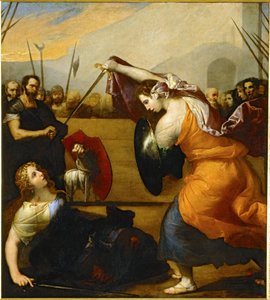 El duelo de Isabella de Carazzi y Diambra de Pottinella ... (pintura sobre lienzo)