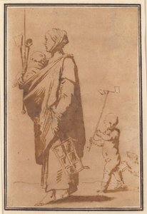 Una madre llevando a un niño y utensilios de cocina, seguida por un niño y un perro de Jusepe de Ribera