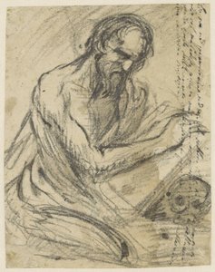 H. Jerónimo, escribiendo en un libro que sostiene sobre una calavera de Jusepe de Ribera