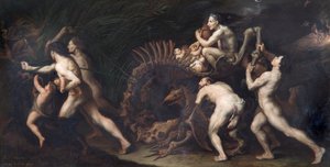La Carcasse : Una bruja dibujada sobre el esqueleto de un monstruo, antes de 1620 (óleo sobre cobre) de Jusepe de Ribera
