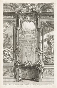 Gabinete del Sr. Conde Bielenski Gran Mariscal de la Corona de Polonia ejecutado en 1734; Chimenea con espejo, con a cada lado una parte del panel de apoyo y pinturas, 1ra plancha de Juste Aurèle Meissonnier