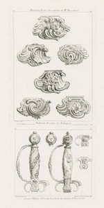 Guardas de Espadas de Oro para los Regalos del Matrimonio del Rey en 1725, Empuñadura de Espada en Honor del Matrimonio del Rey en 1725, pl. 52 en Oeuvre de Juste-Aurele Meissonnier de Juste Aurèle Meissonnier