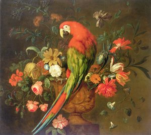 Guacamaya roja posada en una urna esculpida con flores (óleo sobre lienzo)