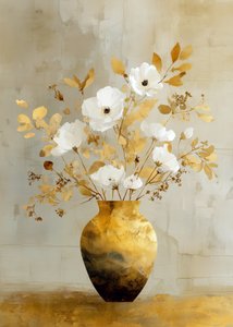 Flores blancas en jarrón dorado de Justyna Jaszke