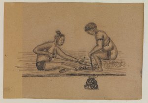 Ilustración para una leyenda inuit (dos personas desnudas haciendo fuego)