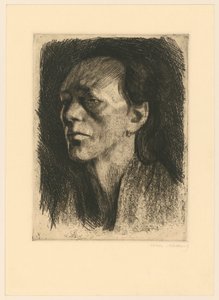 Mujer trabajadora con pendiente, 4.º estado de Käthe Kollwitz