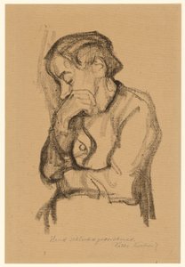 Figura de medio cuerpo de una mujer que se cubre la boca con la mano derecha de Käthe Kollwitz