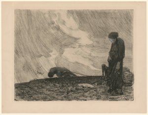 Campesino arando con mujer de pie en primer plano (3.ª versión descartada para la lámina 1 de «Guerra de los campesinos», 6.º estado) de Käthe Kollwitz