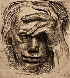 Autorretrato con la mano en la frente de Käthe Kollwitz