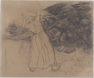 Una mujer folclórica de pie anima a un grupo de hombres a avanzar
Losbruch (título original) de Käthe Kollwitz