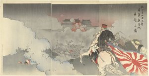 Las fuerzas aliadas atacan Pekín; las tropas japonesas frente a la puerta de Chaoyang. Rengogun Pekin Hogebi Nichi gun Ehoyomon senryo no zu (título sobre el objeto) de Kajita Hanko