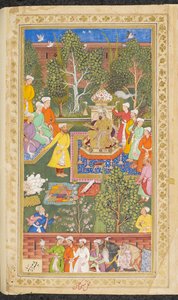 O. 3714 Vol.4 fol.491v Una fiesta a la que asistieron enviados uzbekos, hindúes y kizilbash que trajeron regalos y dinero a Babur, de 