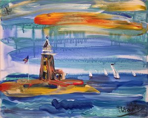 Paisaje marino con un faro de colores de Kanat Ibragimov