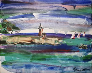 Paisaje marino con un faro lleno de colorido