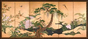 Pájaros y flores de primavera y verano - Eino, Kano (1631-1697) - Segunda mitad del siglo XVII - Acuarela y tinta sobre papel - 153x361 - Museo de Arte Suntory de Kano Eino