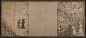 Celebración bajo flores de aronia. Derecha de un par de biombos de seis secciones, siglo XVIII de Kano Isenin Naganobu