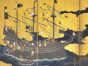 (detalle) de Los bárbaros del sur vienen a comerciar, par de biombos de seis paneles, principios del siglo XVII de Kano Naizen