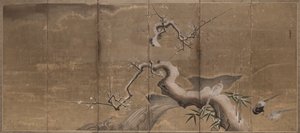 Escena de invierno con ciruelos y faisanes (Izquierda de pájaros) de Kano Naonobu