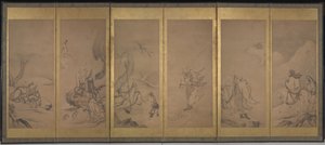 Patriarcas budistas, daoístas y confucianos (tinta y pan de oro sobre papel) de Kano Sanraku