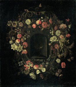 Corona de flores rodeando un nicho de Karel Batist