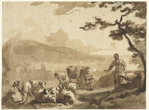 Paisaje de montaña con pastores con su rebaño de ovejas y vacas de Karel Du Jardin