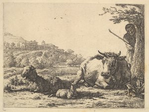 Vaca, oveja adulta y oveja joven tumbadas en la hierba, más allá, un pastor de pie, 1656 de Karel Du Jardin