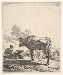 Vaquero con vaca y ternero en una ladera, el vaquero visto desde atrás y sentado, 1658 de Karel Du Jardin